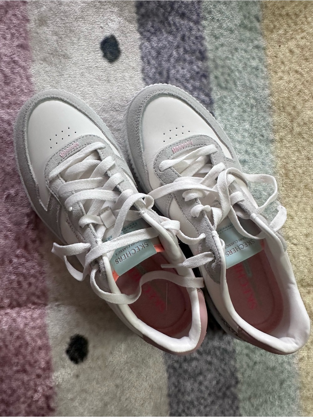 Skechers White, Light Gray & Pink Lace-Up Sneakers
